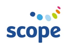 Logo with the word scope in blue and a semi circle of coloured dots above the word